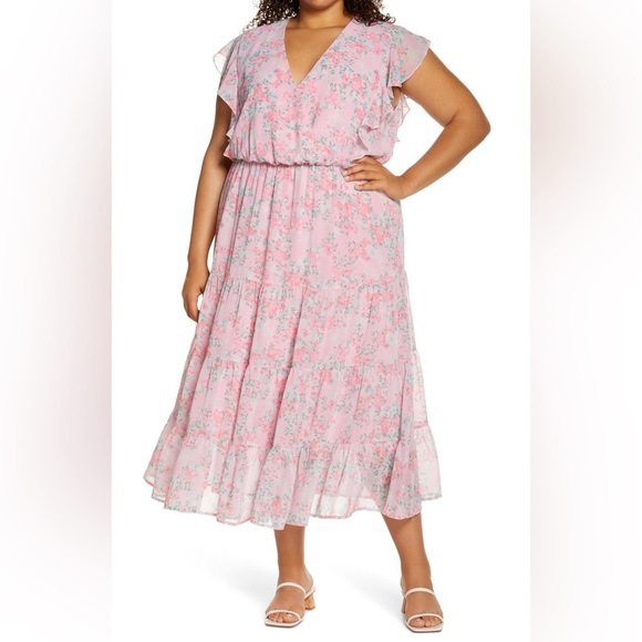 Charles Henry Ruffle Sleeve Floral Faux Wrap Dress in Pink Blossom (1X) - Picture 9 of 9